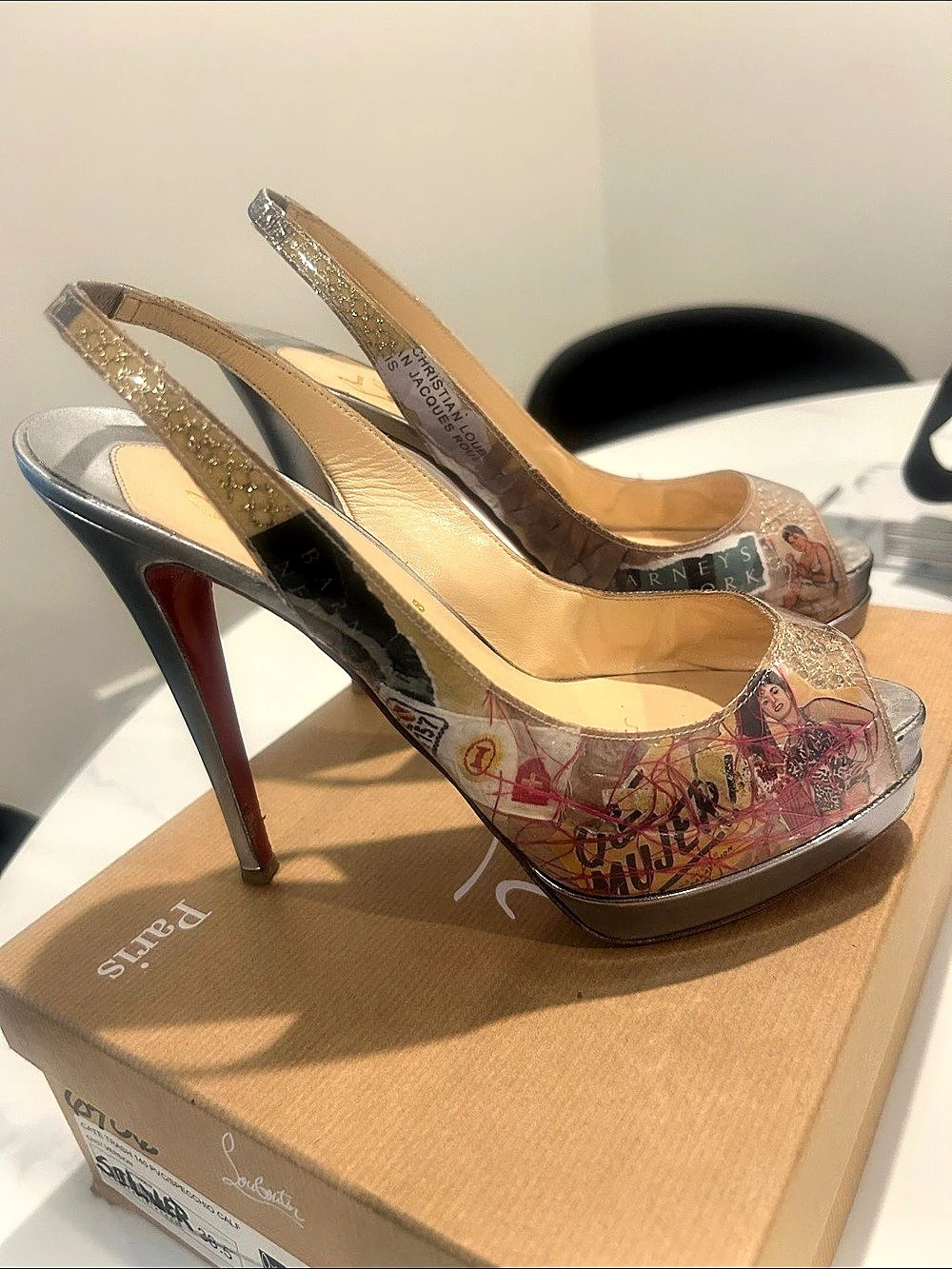 Christian Louboutin Barneys Trash Slingback Platform Pumps Silver & Red US 8.5